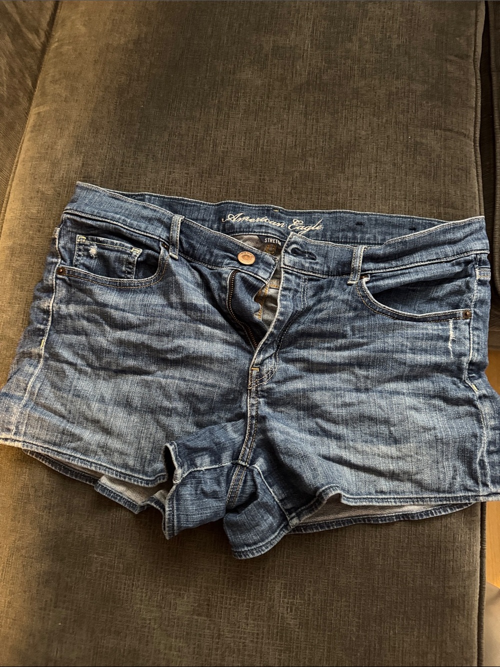 American Eagle Outfitters Distressed Denim Stretch Jean Shorts in Blue Wash